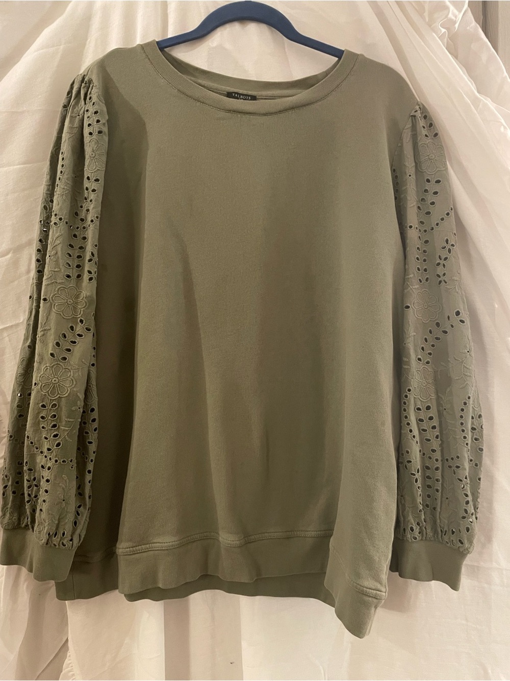 Talbots Olive Eyelet Sleeve Sweatshirt